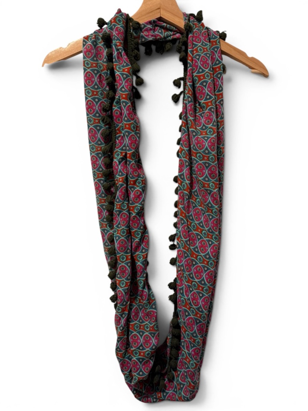 NATURAL LIFE Pink and Green Infinity Scarf with Pom Trim
